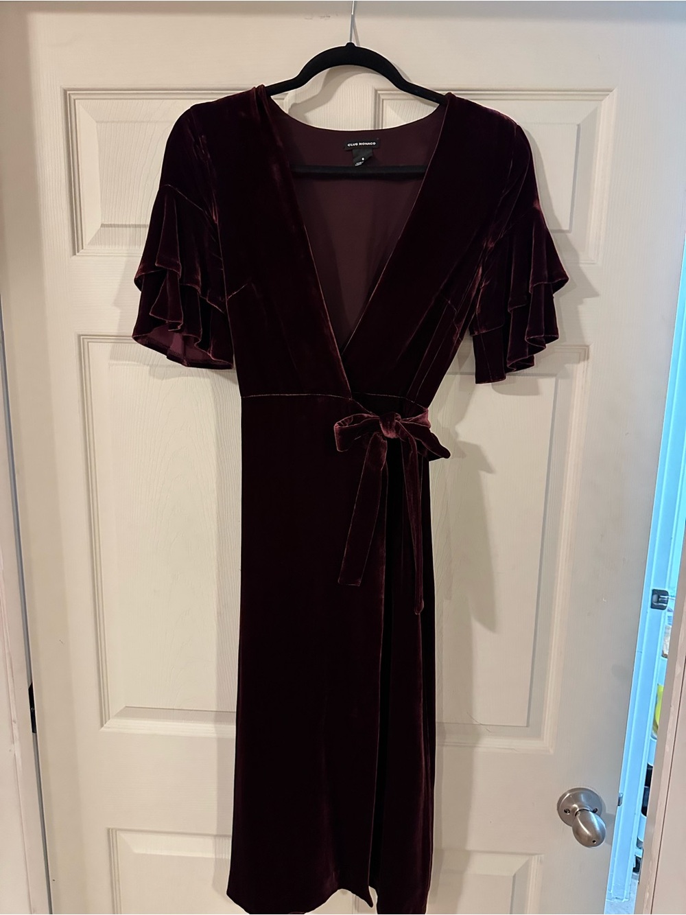 Club Monaco Burgundy Velvet Wrap Midi Dress